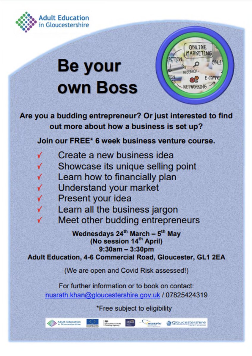 Some of the great courses that <a href="/AdultEdGlos/">Adult Education in Gloucestershire</a> are hosting in the next few weeks.

Contact them to book on!