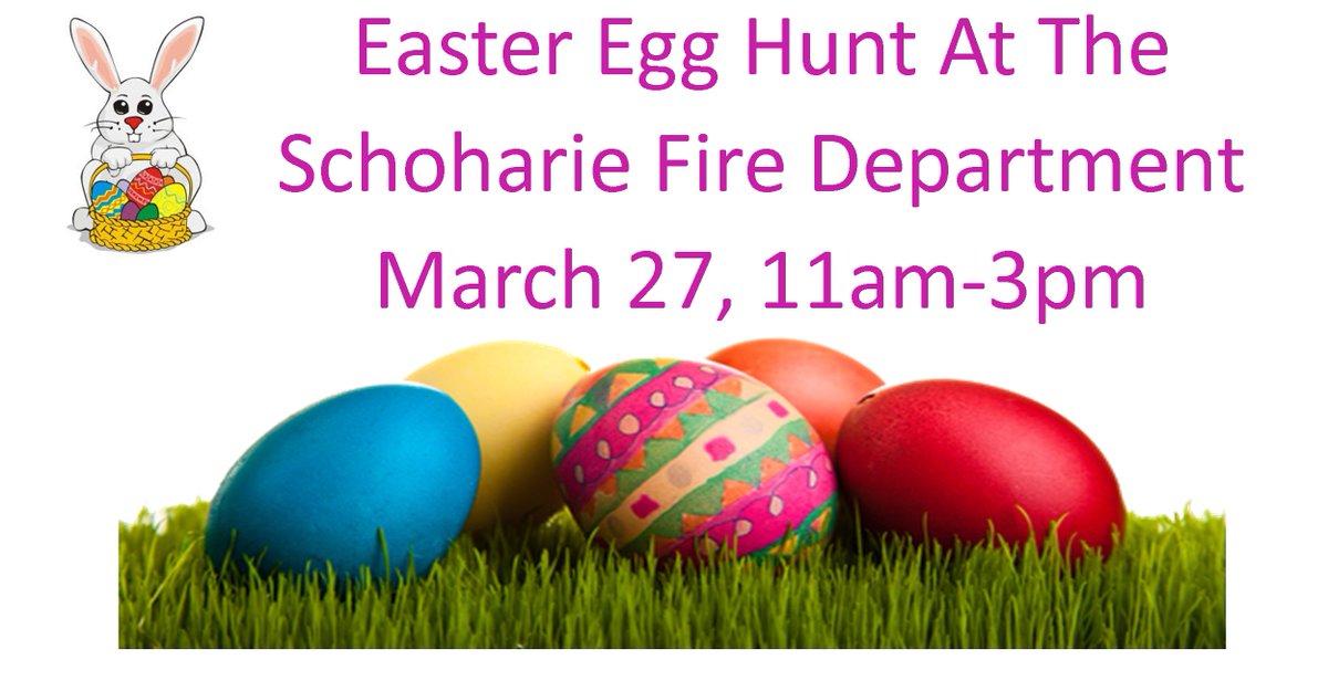 Hippity-hoppity your way to Schoharie on Saturday March 27 for an "egg-cellent" Easter Egg Hunt!  For more info....facebook.com/SchoharieFire/

#EasterEggHunt
#Schoharie
#SchoharieFire
#Firefighter