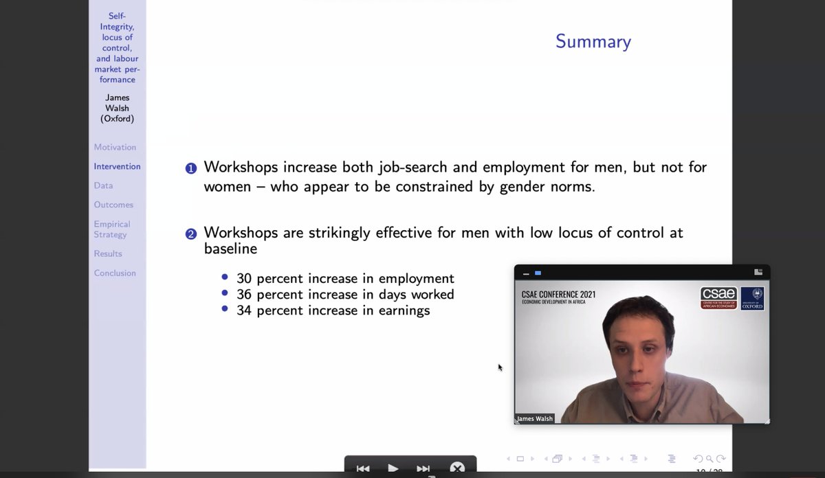 How do workshops on self-affirmation and goal-setting impact job search and employment in Ethiopia? <a href="/j_sonam_walsh/">James Walsh</a> show positive effects for men (especially those with low locus of control), but not women (possibly constrained by gender norms).
#OxCSAE2021 Labour day <a href="/Oxford_CSAE/">CSAE</a>