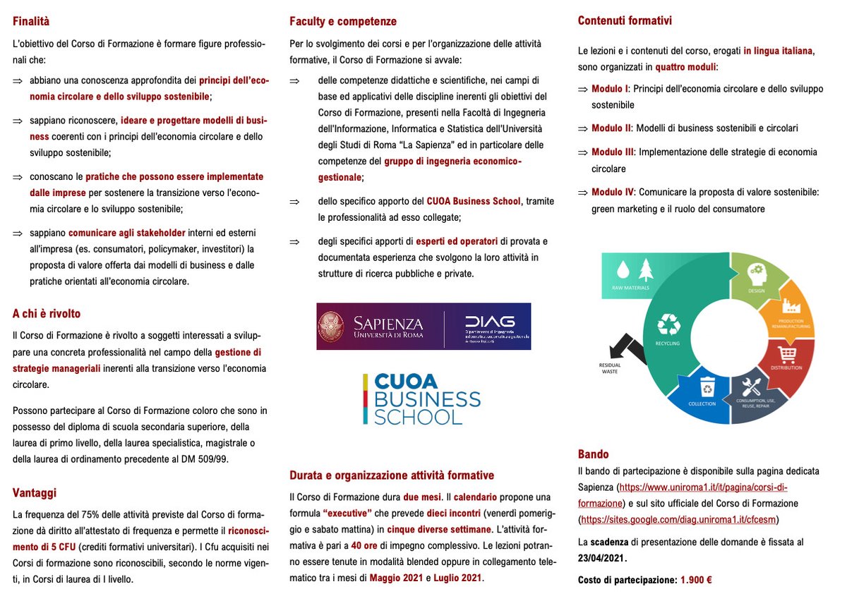DIAGSapienza's tweet photo. Aperte le iscrizioni per il nuovo corso di formazione in Circular Economy and Sustainability Management!
Organizzato dal #DIAG #Sapienza in collaborazione con #cuoabusinessschool, ci prefiggiamo di fornire nozioni altamente spendibili in ambito professionale!
@FondazioneCUOA https://t.co/QBPxc7w4vx