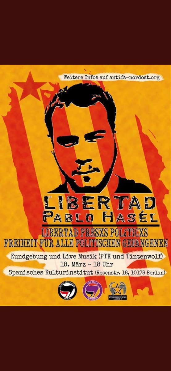 🔴 Ahir unes 300 persones aproximadament és manifestaven a Berlín per l'empresonament de <a href="/PabloHasel/">Pablo Hasel</a> just fa un mes i tres dies. A les 18h convocaven la Plataforma Antifeixista de Berlín i el <a href="/CDRberlin/">CDR Berlín</a>  a davant de "l'Institut de Cervantes. @LlibertatHasel 

#PabloHasel
