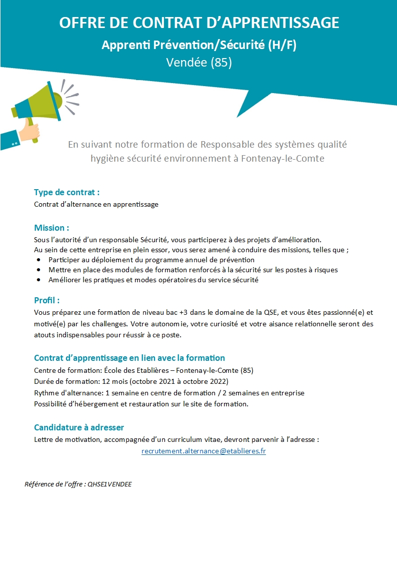 FabienVary's tweet photo. Le Groupe @Etablieres recrute pour sa formation #QSE en #apprentissage : 
- Animateur(trice) HSE
- Chargé(e) de mission QSE
- Animateur(trice) Prévention sécurité

Sur les secteurs de #Vendée #Anjou #DeuxSèvres #Bretagne

Formation : https://t.co/6hwi0yQ7Ye

@PatriciaGlbt85 https://t.co/TM6HIjLPpj