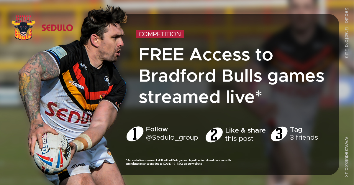 We're giving away 3 unique codes to give you access to live stream <a href="/OfficialBullsRL/">Bradford Bulls</a> games for FREE!

To win: 
⚡FOLLOW <a href="/sedulo_group/">Sedulo</a> 
⚡LIKE this post
⚡RETWEET this post 
⚡TAG 3 friends 

Competition ends tomorrow (19/03) // T&amp;C's apply

Good luck!