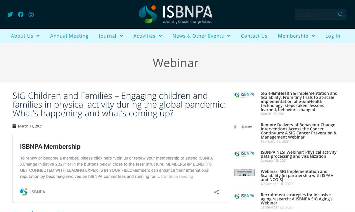 #ISBNPA SIG Children and Families #Webinar – Engaging children and families in physical activity during the global pandemic: What’s happening and what’s coming up? | April 14 at 8pm GMT | Speakers: @DrKatePark @Lauren_Arundell @lmvanderloo
More info here: ow.ly/jbf050DYUzH