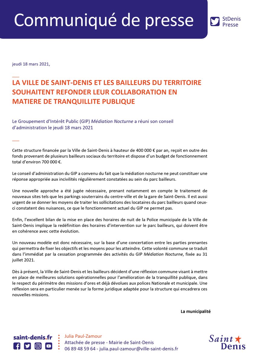 I COMMUNIQUÉ DE PRESSE I
La Ville de Saint-Denis et les bailleurs du territoire souhaitent refonder leur collaboration en matière de tranquillité publique

Retrouvez le communiqué en ligne ⬇️
ville-saint-denis.fr/communique/la-…