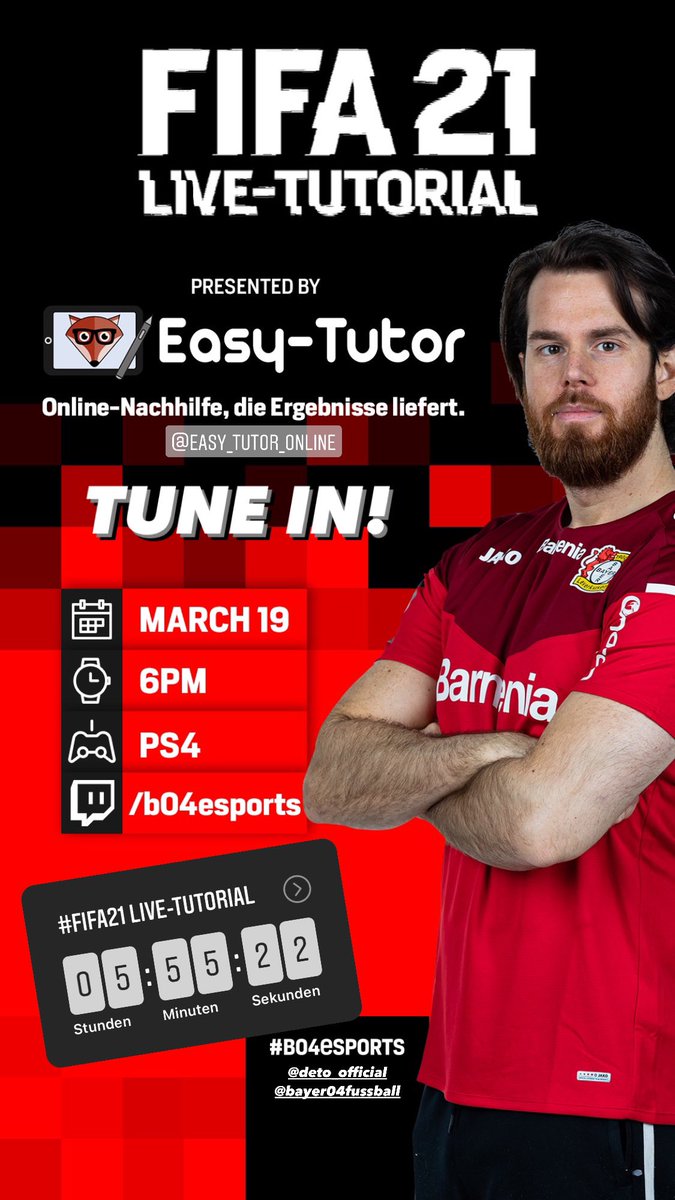 b04esports's tweet image. Heute Abend um 18 Uhr 👉 #FIFA21 #LiveTutorial mit @deto_official! ⚫️🔴

——

⏰ 6PM
🎮 Live-Tutorial with Kai

Tune in! 👉 twitch.tv/b04esports

@bayer04_en I @bayer04fussball I #B04eSports