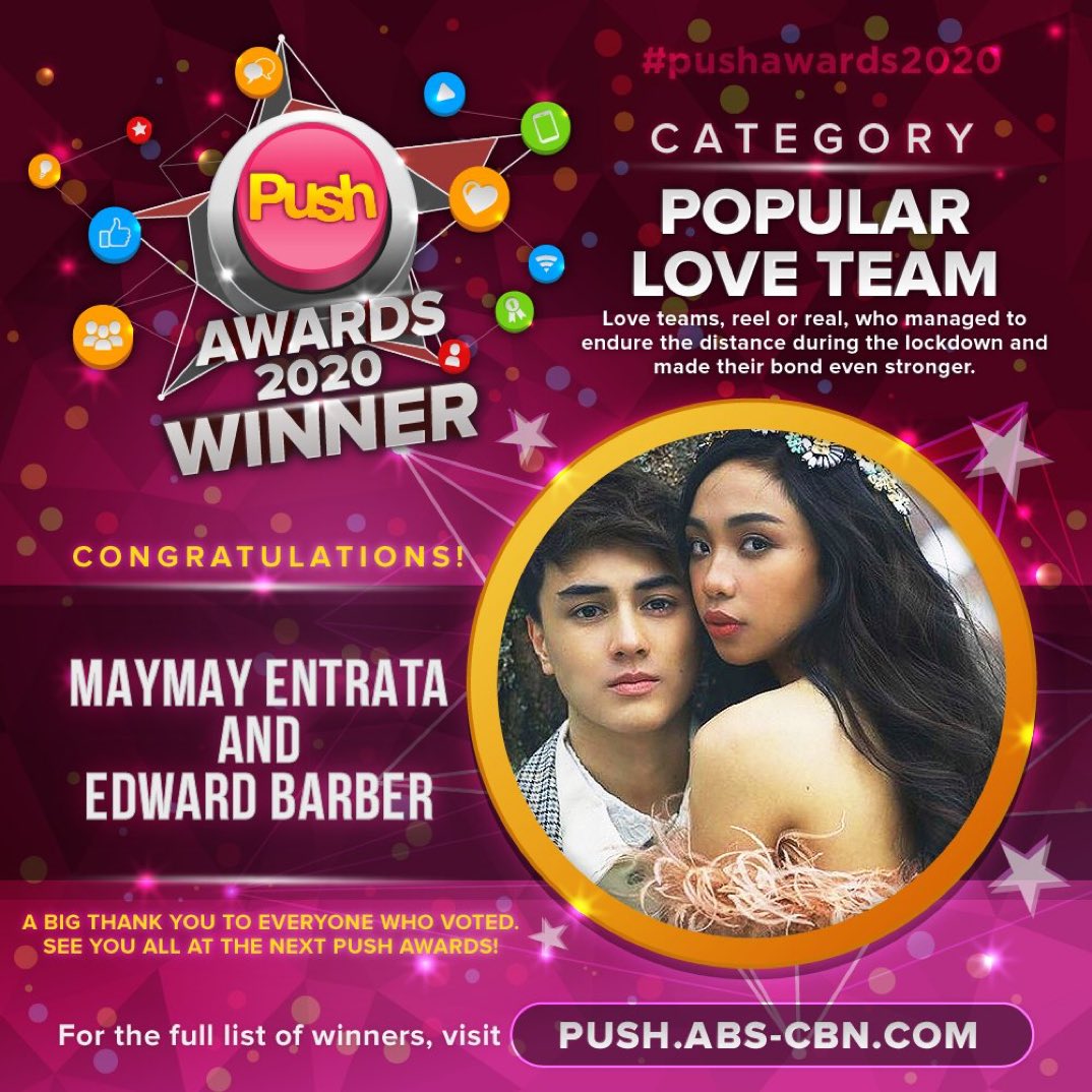 MAYWARDHAOFC's tweet photo. Congratulations, Maymay Entrata &amp; Edward Barber for winning PUSH Popular Love Team!. #PUSHAwards2020

A big thank you to everyone who voted! See you all at the next PUSH Awards!

MAYWARD PUSH POPULAR LOVETEAM 

#MayWard 
@maymayentrata07 @Barber_Edward_ https://t.co/CKDyn036T3