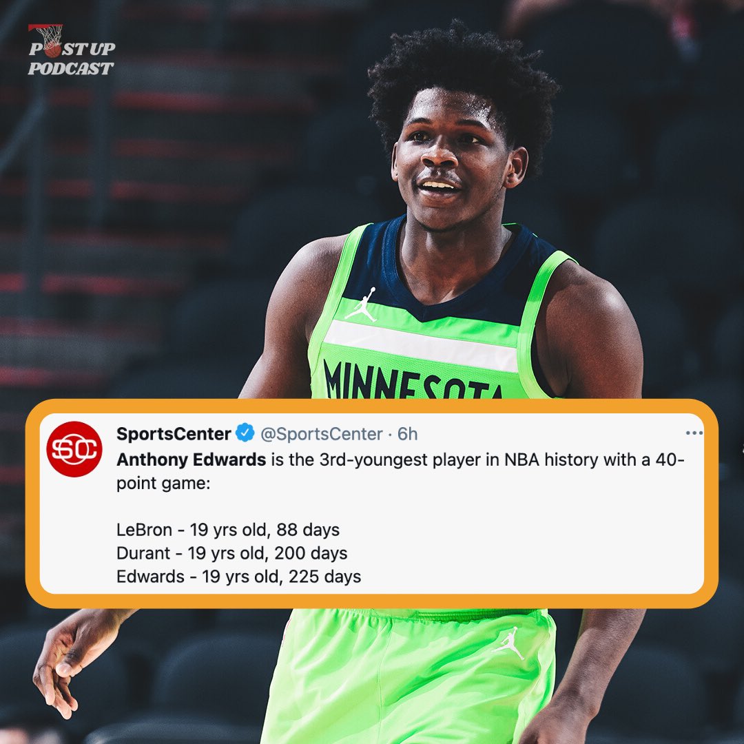 ThePostUpPod's tweet photo. Anthony Edwards dropped a career high 42 points last night, joining some elite company in LeBron James and Kevin Durant, being the 3rd youngest player ever to record a 40 point game. Is it too late for him to make a push for ROTY? https://t.co/jGzlAa88aS