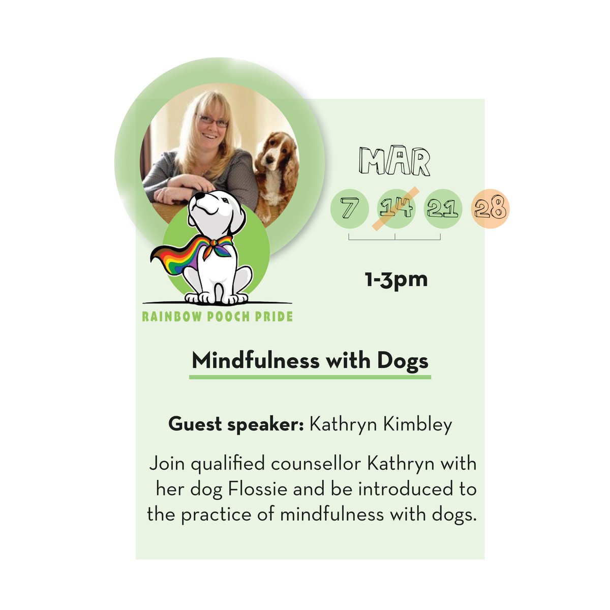 Join our #LGBTQIA+ Pat &amp; Chat this Sunday and the next, 1-3pm, for some #Mindfulness with Dogs. Treat you and your Rainbow Pooch to some TLC at these remaining events before we take a short break.

That's right...2 more sessions! 🐶

#AnimalAssistedTherapy #thankyoudogs