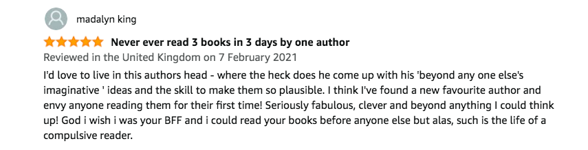 JSThrillers's tweet photo. This is one of my favourite recent reviews on Amazon - thank you, Madalyn King, for your kind words. But blimey, three Monroes in three days?! I think you need a lie down in a darkened room after that...
#theotheryou
#forgetmyname
#findme
@HoZ_Books https://t.co/2dPLYNoabl