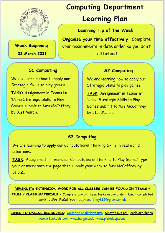 ddjmccaffrey889's tweet photo. See our learning plan for next week.  There are additional assignments in each Team if pupils are looking for extra things to do.  Have a fab weekend! #teamcraigie https://t.co/hFyhGpJPdk