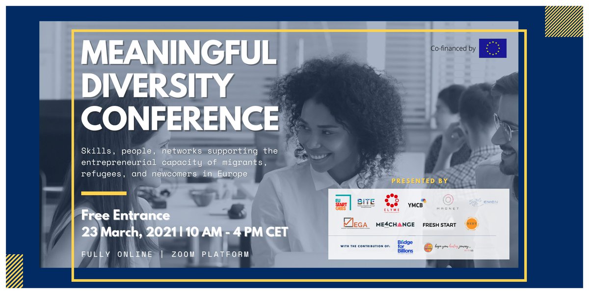 #EUStartGees final event! Join us at the #MeaningfulDiversityConference, happening on March 23, where EU projects aiming to support refugees and migrants showcasing their results, providing true inspiring stories about brilliant-minded migrapreneurs. ➡️ bit.ly/38XUkAR