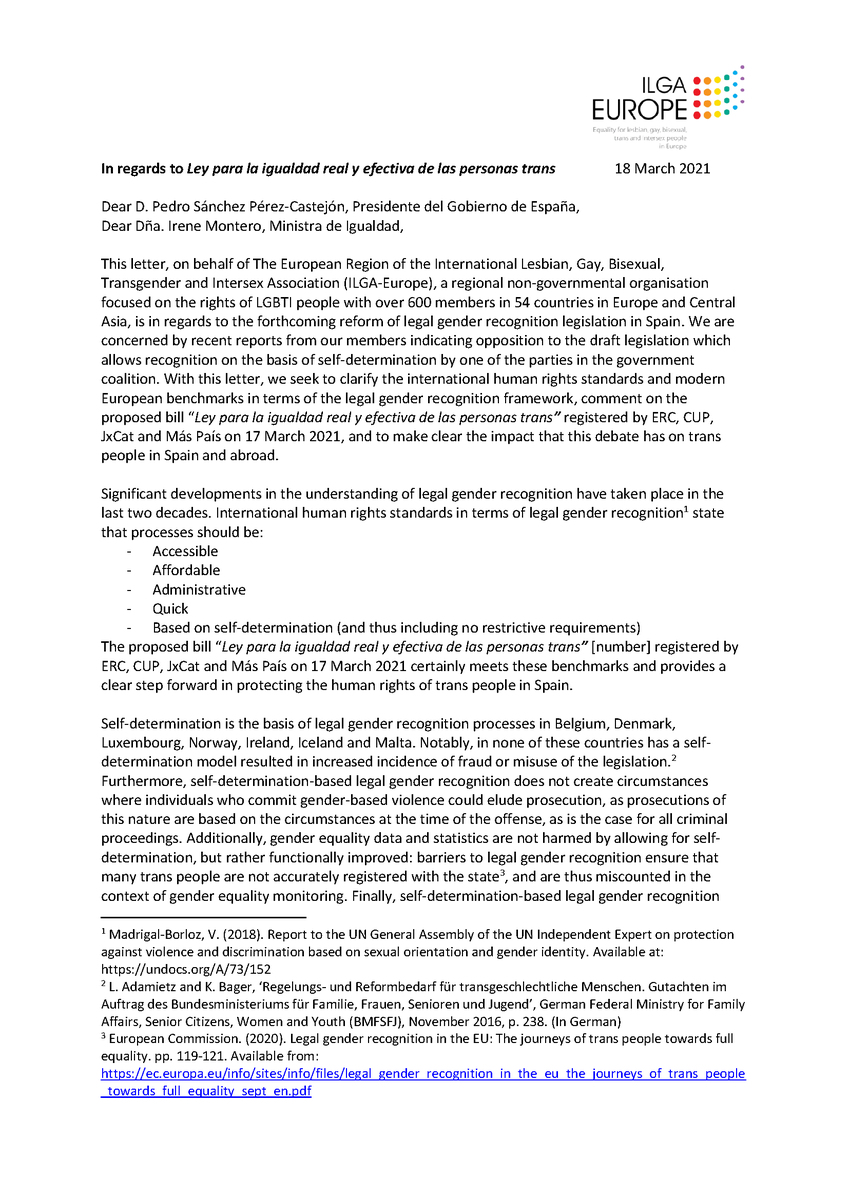 ILGAEurope's tweet photo. We have written to the #Spanish government to say we are deeply concerned by opposition by one of its coalition parties to draft legislation, which allows legal gender recognition on the basis of self-determination, and the anti #trans discourse arising from this 🏳️‍⚧️🇪🇸 https://t.co/OxAth4xnsN