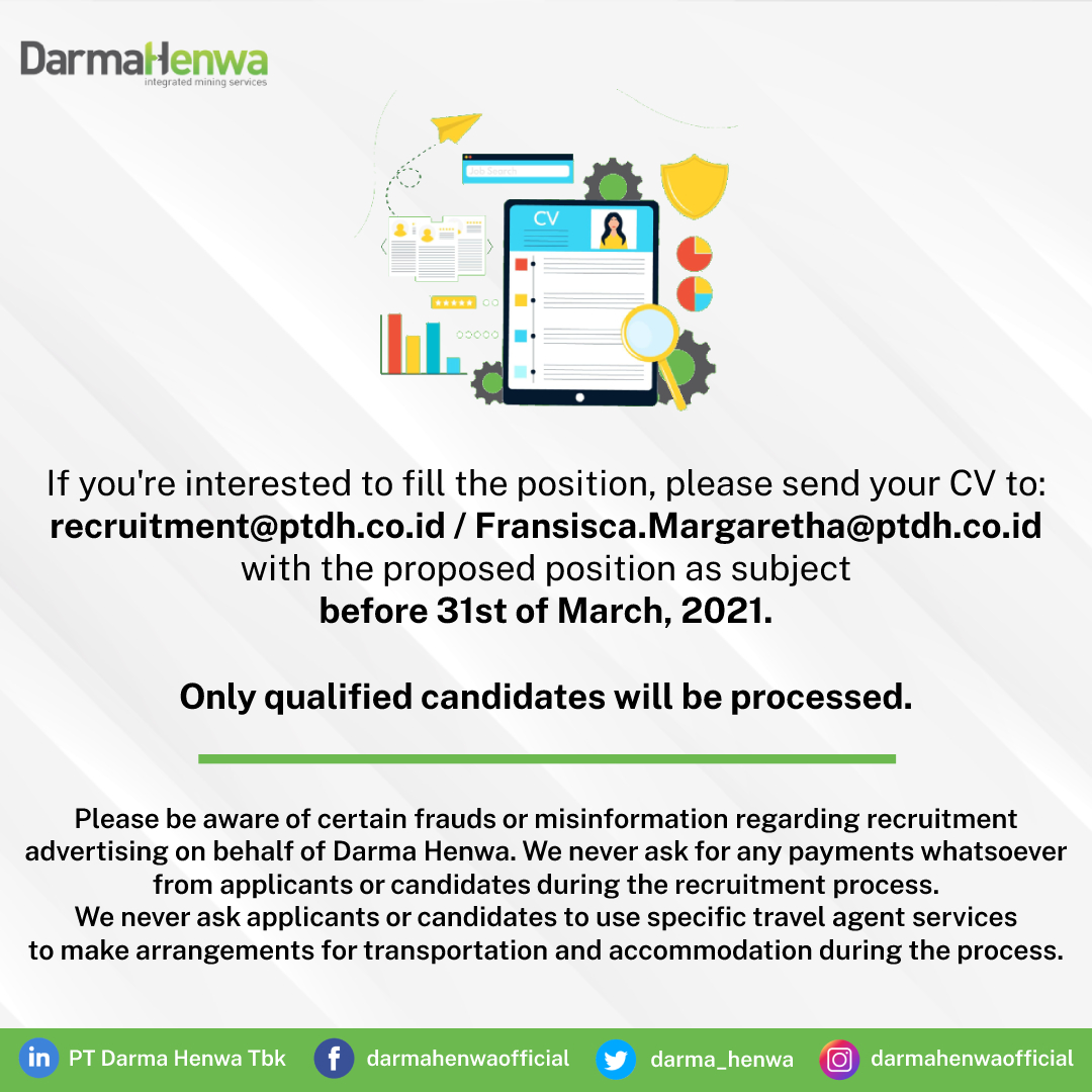 darma_henwa's tweet photo. We are hiring Head of QHSE Operation!

Please send your CV to: recruitment@ptdh.co.id / Fransisca.Margaretha@ptdh.co.id with the proposed position as subject, before 31st of March, 2021.

#jobvacancyindonesia #lowonganmining #lowongantambang #loker https://t.co/MEmoakn08D