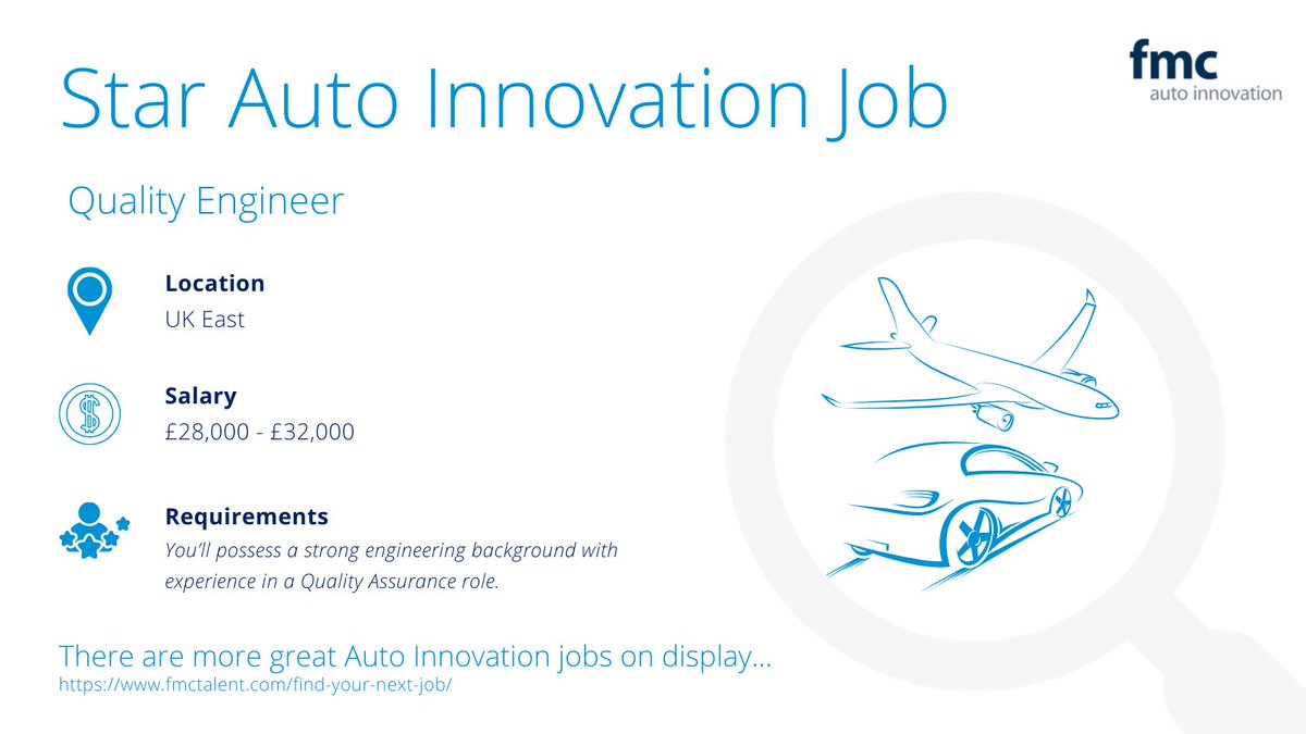 Our Auto Innovation star job this week is....

⭐Quality Engineer⭐

📍 UK East
💰 £28,000 - £32,000

For more information or to apply visit our website fmctalent.com/fmc-jobs/quali…

#automation #Auto #recruitment #opentowork #hiring #Jobs #quality #Engineering #engineers