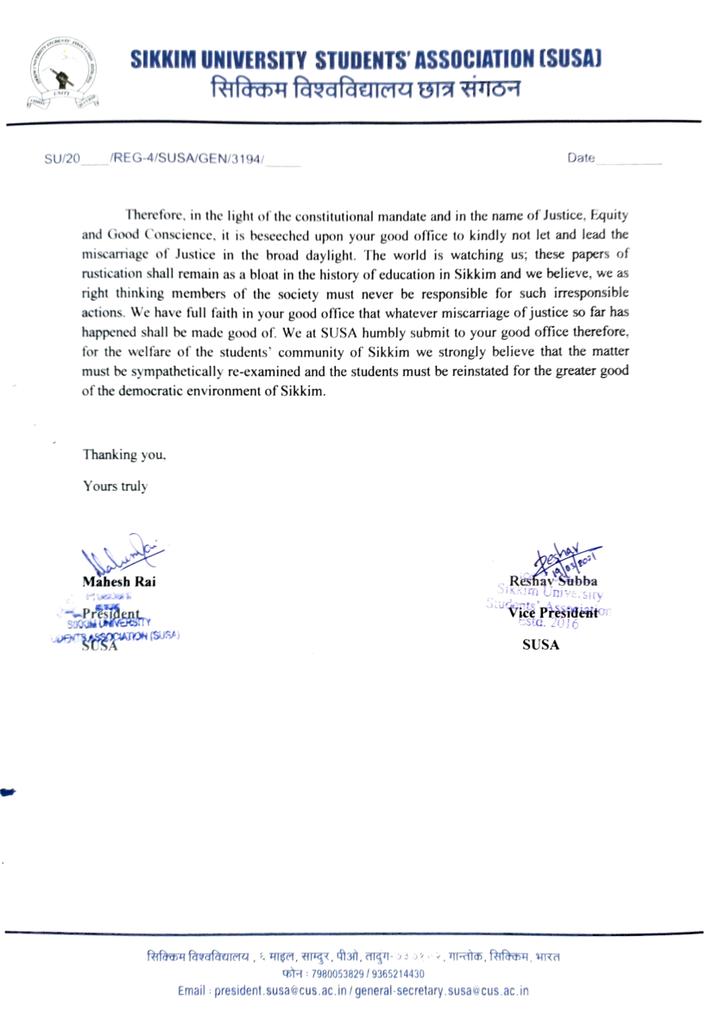 SPYF17's tweet photo. Sikkim University Students' Association (SUSA) has mailed a letter to the Principal of SGC,Gyalshing standing by the expelled students and seeking their reinstatement. The sent letter is attached below.
#ReInstateStudents https://t.co/Rmq8Lvp5EA