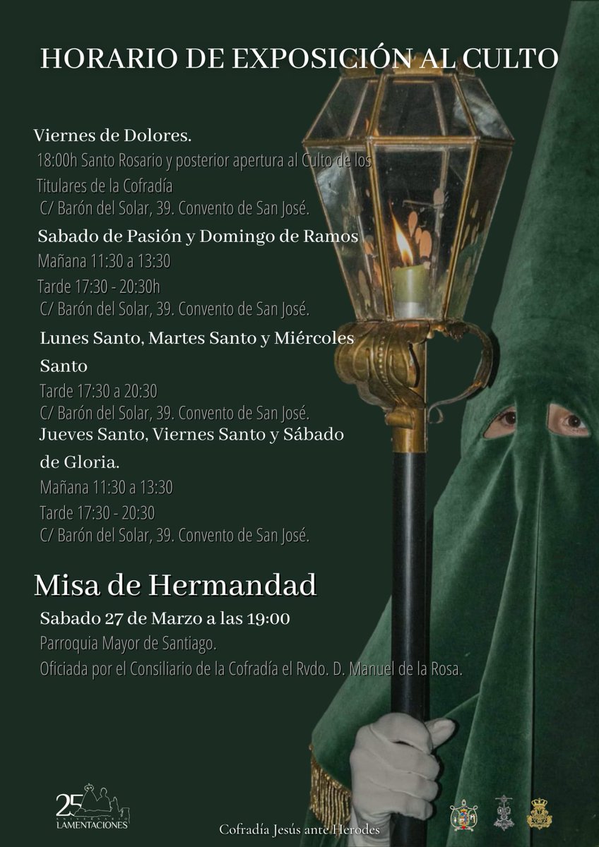 Cultos en honor a Jesús del Silencio ante Herodes y Nuestra Señora de las Lamentaciones.
Vivamos la Semana Santa con nuestros hermanos, recemos y hagamos de nuestra fé, pasión por lo que nos une. 
Desde la Cofradía se han organizado varios actos y cultos para vivir Semana Santa.