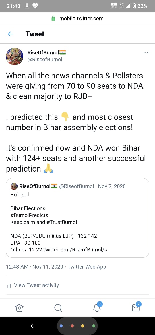 Bihar state electionsWhen all dallals, sold jurnos & Pollsters were giving 70 to 90 seats to NDA& Clean sweep for MahathugbandhanI was the one with these numbers!!& numbers talks