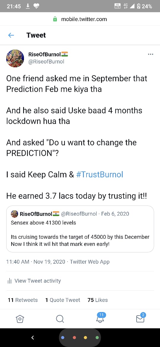 ChaloLet's now move to stock marketsMoney gameWhen in Feb 2020 I Predicted this & markets collapsed till 28000!Who would've said it will hit the mark of 45000?