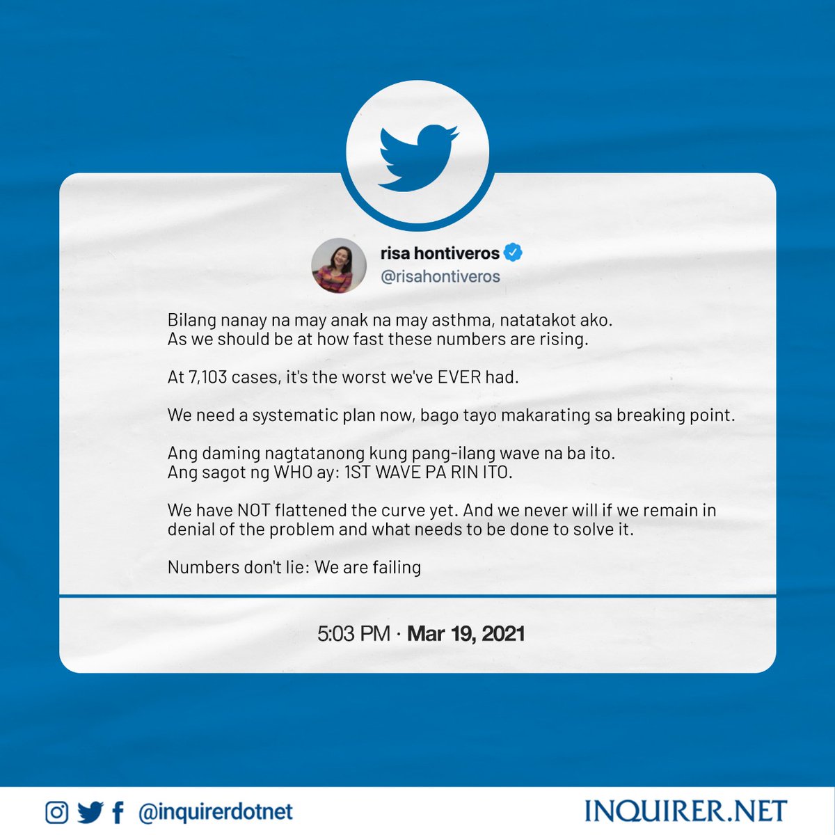 inquirerdotnet's tweet photo. Senator Risa Hontiveros pointed out that the government has not even managed to flatten the curve yet since last year.
https://t.co/dQdWfcmaiR https://t.co/7Ay9BQ8kot