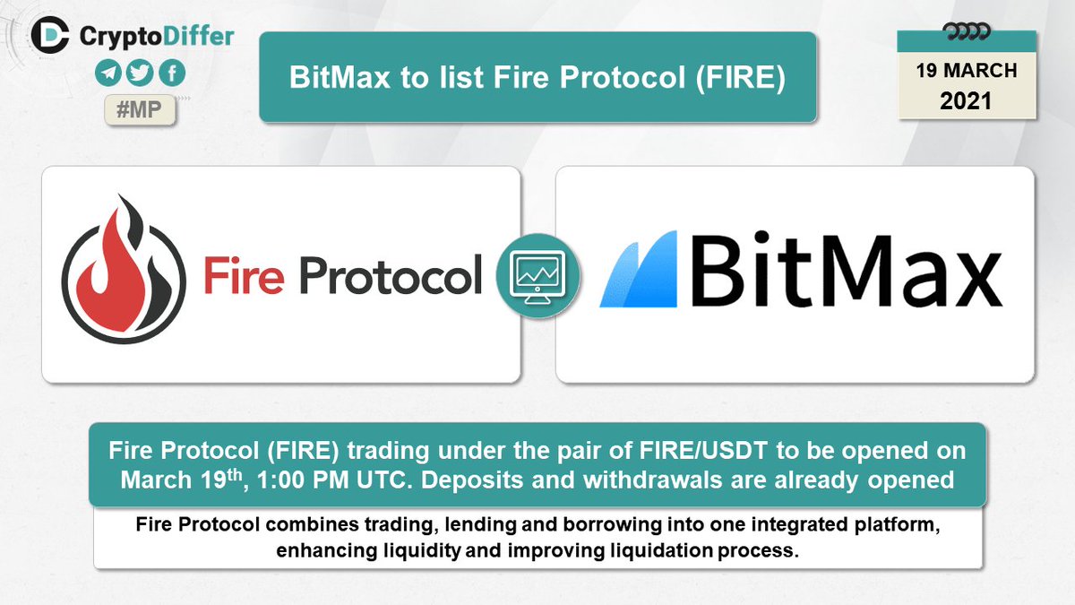 🇺🇦 CryptoDiffer - StandWithUkraine 🇺🇦 (@cryptodiffer) on Twitter photo ❗️@BitMax_Official to list <a href="/FireProtocolOS/">Fire Protocol</a> $FIRE
Fire Protocol (FIRE) trading under the pair of FIRE/USDT to be opened on March 19th, 1:00 PM UTC. Deposits and withdrawals are already opened.
👉 bitmax.io/en/help-center… ❗️@BitMax_Official to list <a href="/FireProtocolOS/">Fire Protocol</a> $FIRE
Fire Protocol (FIRE) trading under the pair of FIRE/USDT to be opened on March 19th, 1:00 PM UTC. Deposits and withdrawals are already opened.
👉 bitmax.io/en/help-center…