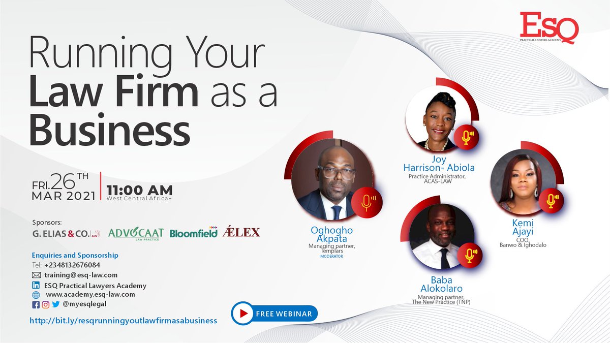 Our Practice Administrator, Joy Harrison-Abiola, will be speaking at the ESQ webinar on 'Running a law firm as a Business' scheduled to hold on Friday, 26 March 2021 at 1:00 pm WAT.

#corporatelaw #commerciallaw #businessdevelopment #businessoflaw