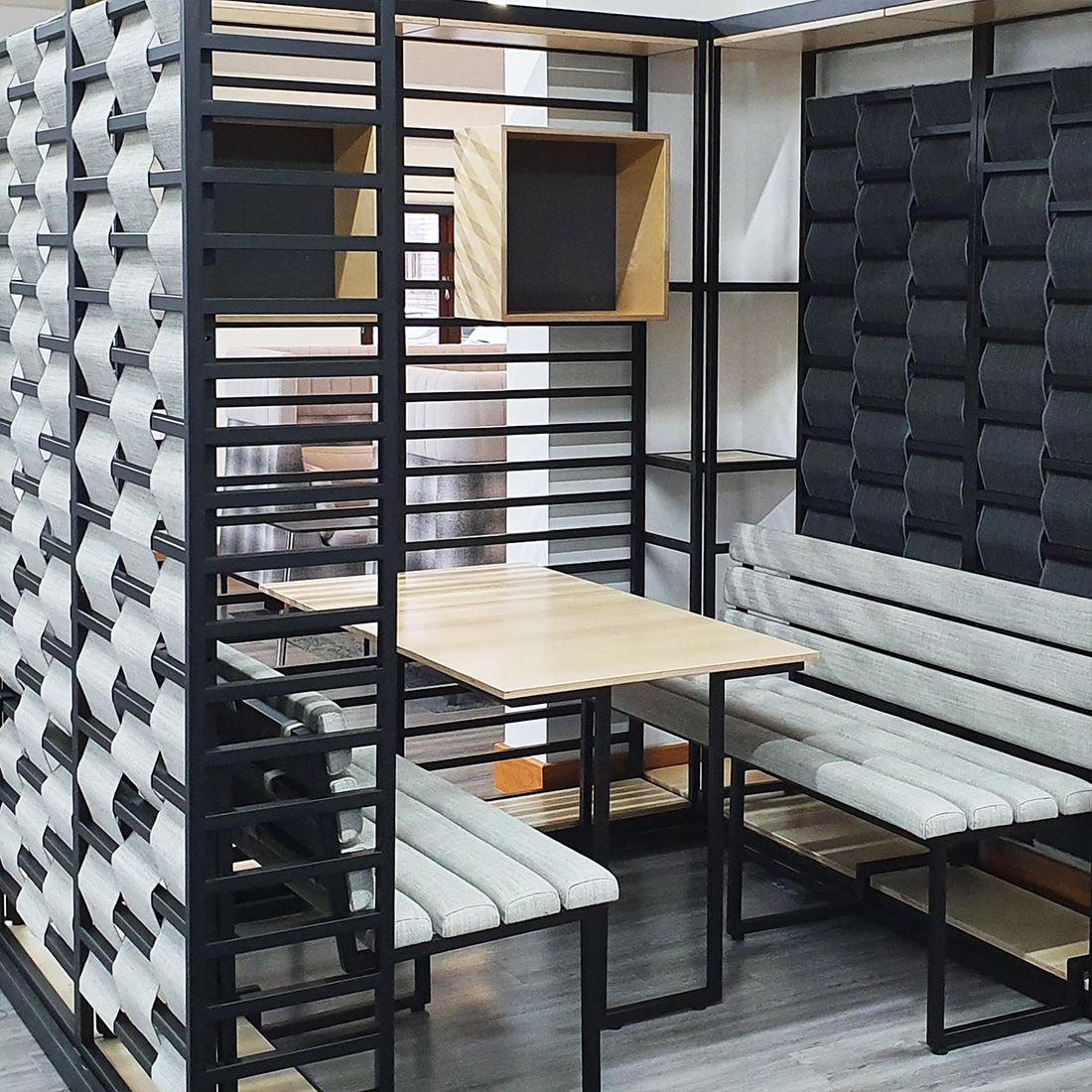 Fabric weaves on our 'Calvert' system act as a lightweight barrier, diffusing open spaces whilst softening up the appearance of the walls frames. 
These made-to-order pieces can be produced in a wide range of fabrics, including sheers, for a truly tailored appearance.