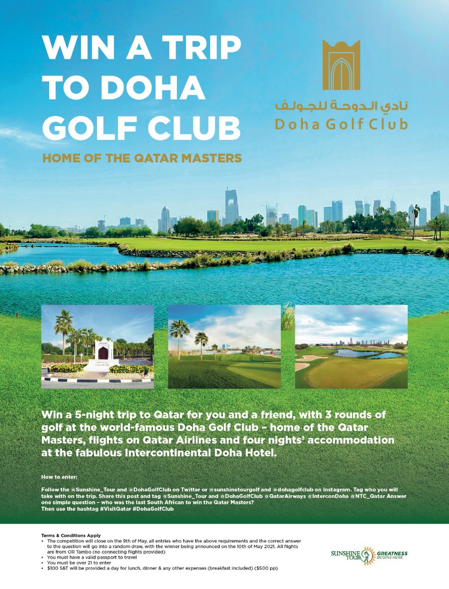 Win a trip for you and a friend to Qatar where you will get the opportunity to play three rounds of golf at the world famous <a href="/DohaGolfClub/">Doha Golf Club</a>- home of the Qatar Masters. ⛳️🏆

Enter our competition to win. 

#SunshineTour #GreatnessBeginsHere