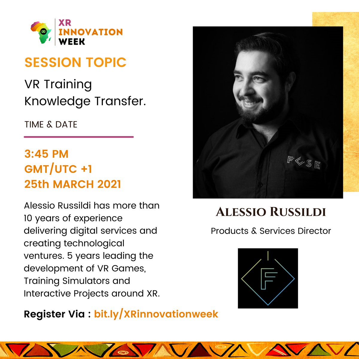 Join <a href="/Russildi/">Alessio Russildi</a> from <a href="/FUSEnewMedia/">FUSE / NEW MEDIA</a> as he shares his insights on VR Training Knowledge Transfer at the XR Innovation Week by Immersive Tech Africa.

#XRinnovationweek