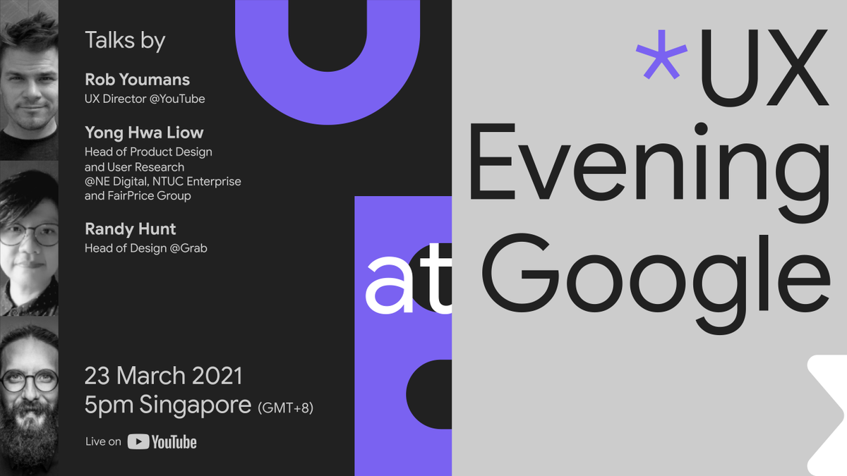 GoogleDesign's tweet photo. 📅 Next week: Senior leaders @RobertJYoumans (@YouTube), Yong Hwa Liow, &amp; @randyjhunt (@GrabSG) are sharing their best tips on growing UX careers at any stage. 

Register 🔜 https://t.co/45KRp5FrhI #UXEvening https://t.co/DeMQ98ZAT4
