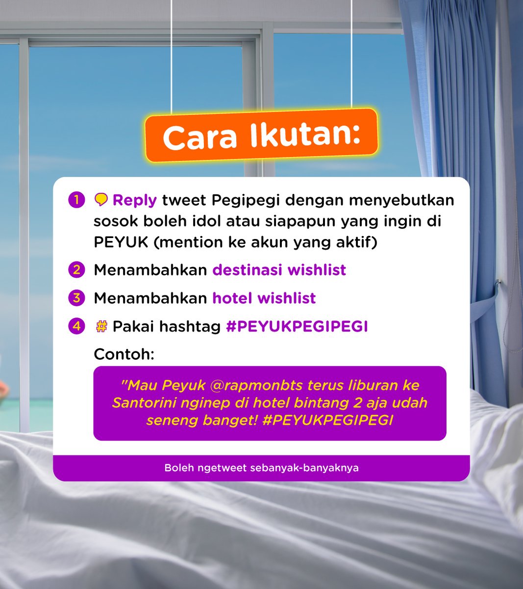 GIVEAWAY voucher hotel untuk 6 orang pemenang! 💸🎟️

Cukup ikutin aja ketentuan join giveawaynya, mulai hari ini sampai 25 Maret ya! Yuk ikutan #PEYUKPEGIPEGI ajak semua orang yang kamu kenal untuk ikutan yah 🤗