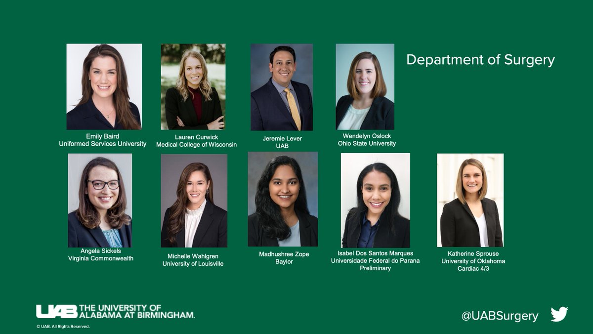 UAB Surgery (@uabsurgery) on Twitter photo We're so excited to welcome eight new <a href="/UABSurgery/">UAB Surgery</a> General Surgery Residents! Join us in congratulating these candidates on a successful match.
#MatchDay2021 #UABMatchDay #UABSOM We're so excited to welcome eight new <a href="/UABSurgery/">UAB Surgery</a> General Surgery Residents! Join us in congratulating these candidates on a successful match.
#MatchDay2021 #UABMatchDay #UABSOM