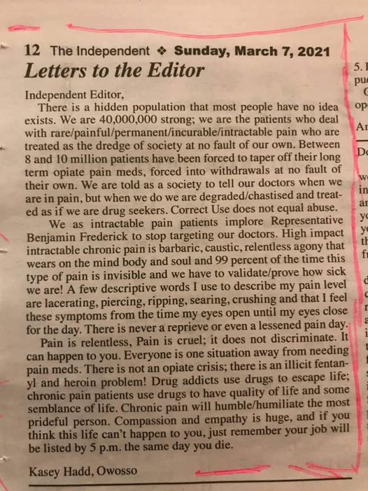 StaceyF62's tweet photo. Letter to the editor about pain patients #ScreamLouder #USPainCrisis #UnethicalPolicy https://t.co/DyMDMkvDp0