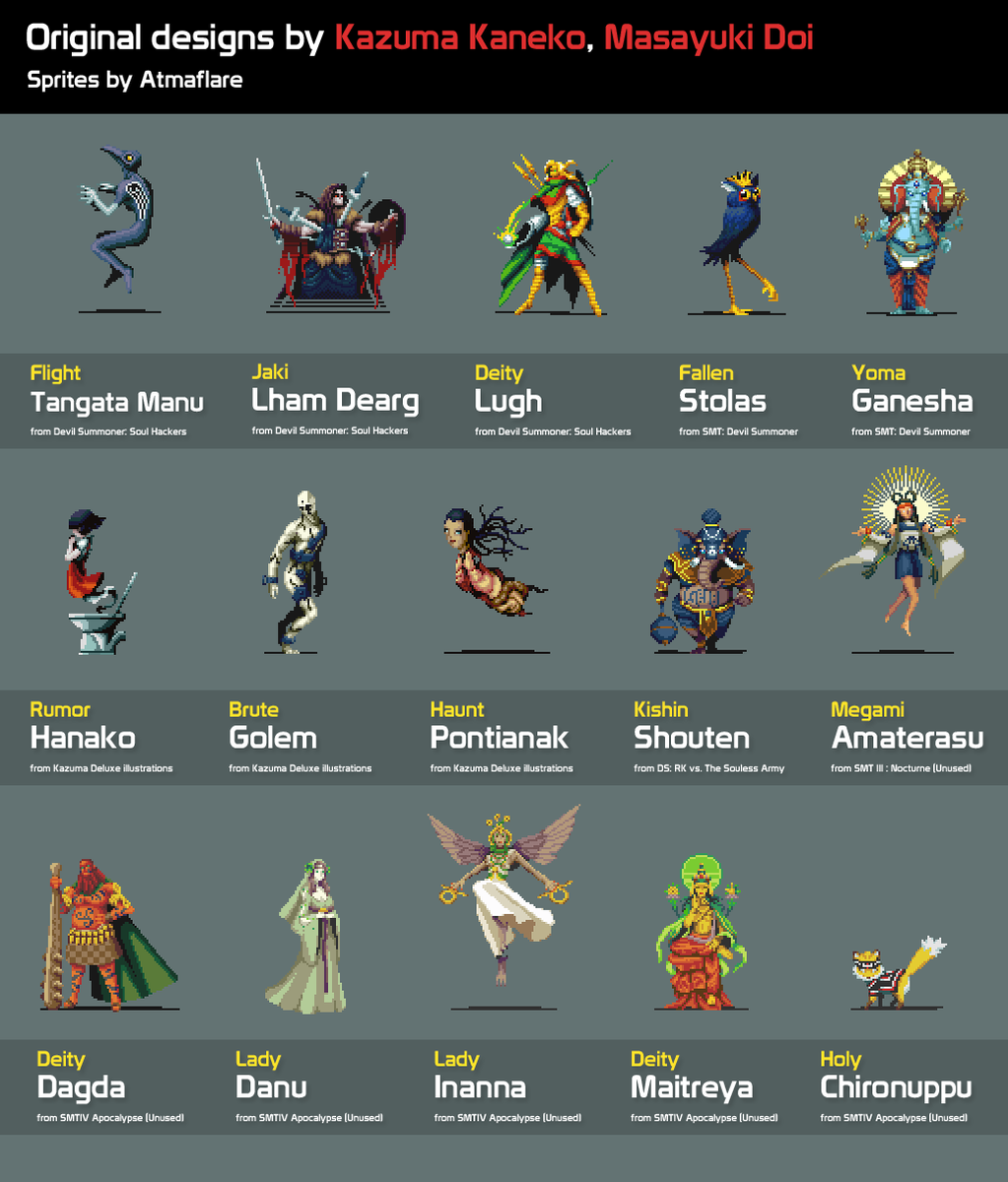 atmaflare's tweet image. SMT1/2-styled sprites for some familiar demons in the series, but also some obscure and even unused ones. They&apos;re just too fun to make!

#AtlusFaithful #ShinMegamiTensei #pixelart #ドット絵