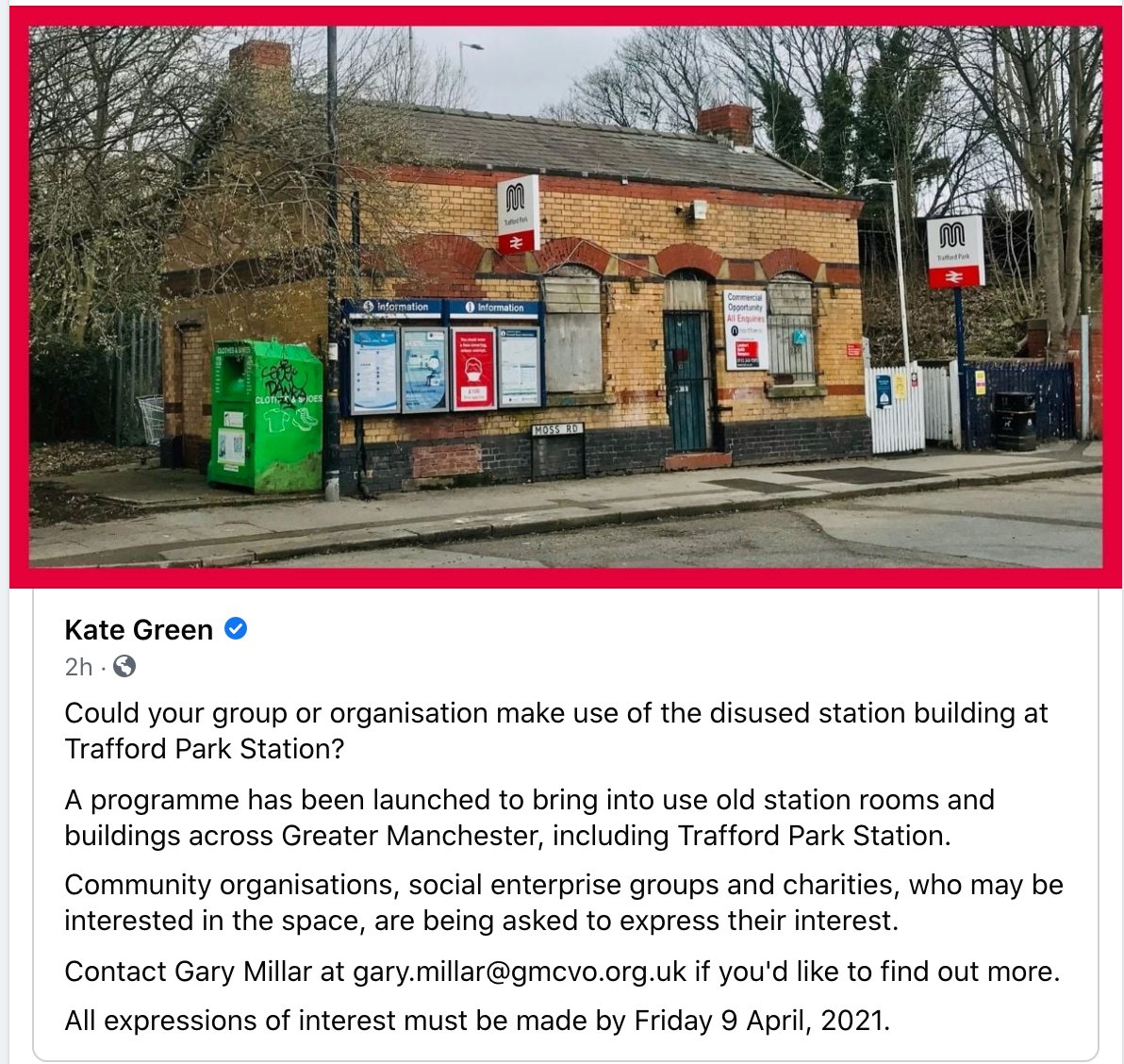 'Could your group or organisation make use of the disused station building at Trafford Park station?'...