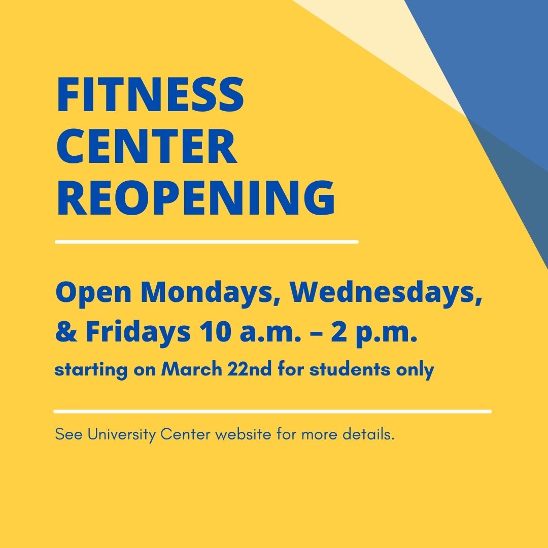 WebsterUC's tweet photo. The Fitness Center will be reopening on March 22nd for students! Stay tuned for updates or stop by the UC website or Information Center if you have questions. https://t.co/YrgnnzPlTh