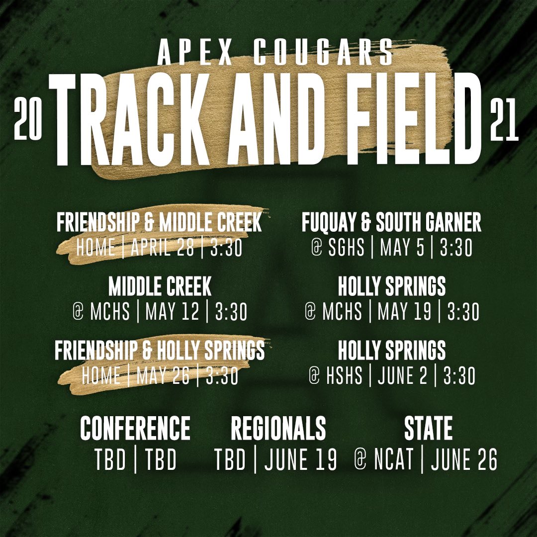 apextrackxc's tweet image. 🎽Track is Back! We’re excited about our 2021 meet schedule. 

🚨Follow our new insta @apextrackxc

🛣Road to States starts April 28th!
#gocougs #rollcougs #trackisback #seniorszn #peak