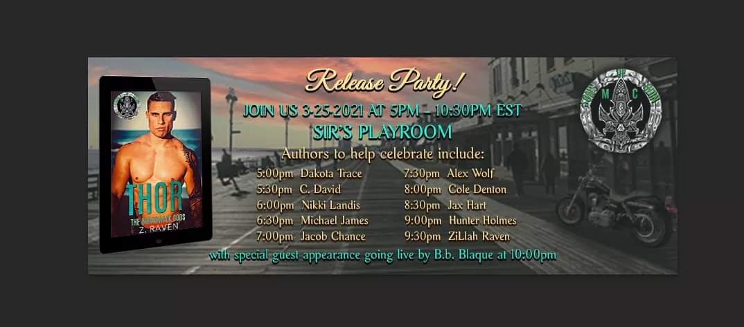 Join me and this Badass lineup of Authors to help me celebrate Thor's Release in Sir's Playroom. Starting at 5 pm edt on March 25th. With a Special Guest appearance at 10 going live.

https://t.co/7EdYzaQ8yg https://t.co/IYQTJH44Mr