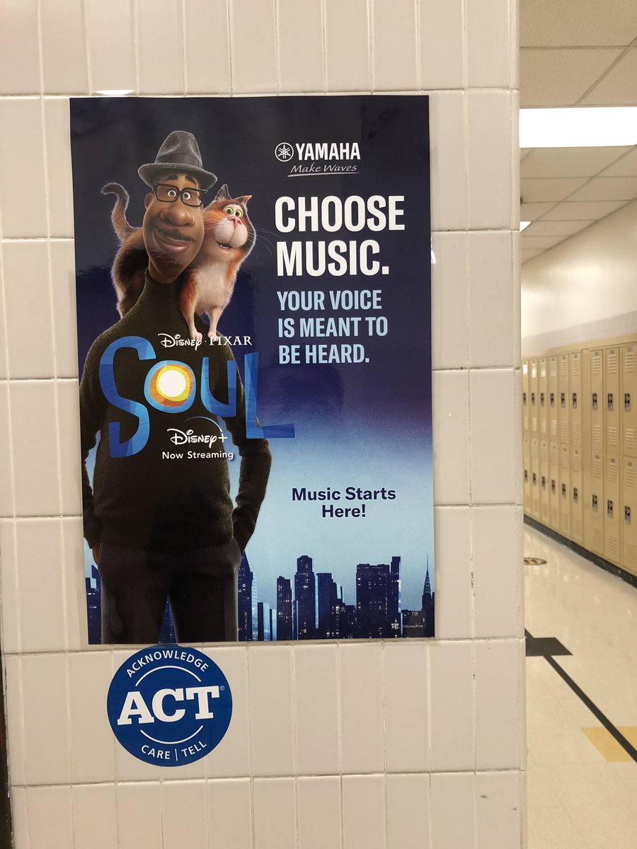CRidgeBand's tweet photo. Just hung up my cool new Soul poster outside of my band room! Also, what a phenomenal film. Thanks to Quinlan &amp; Fabish, @YamahaMusicUSA and @PixarSoul https://t.co/kKNQO3TrtX