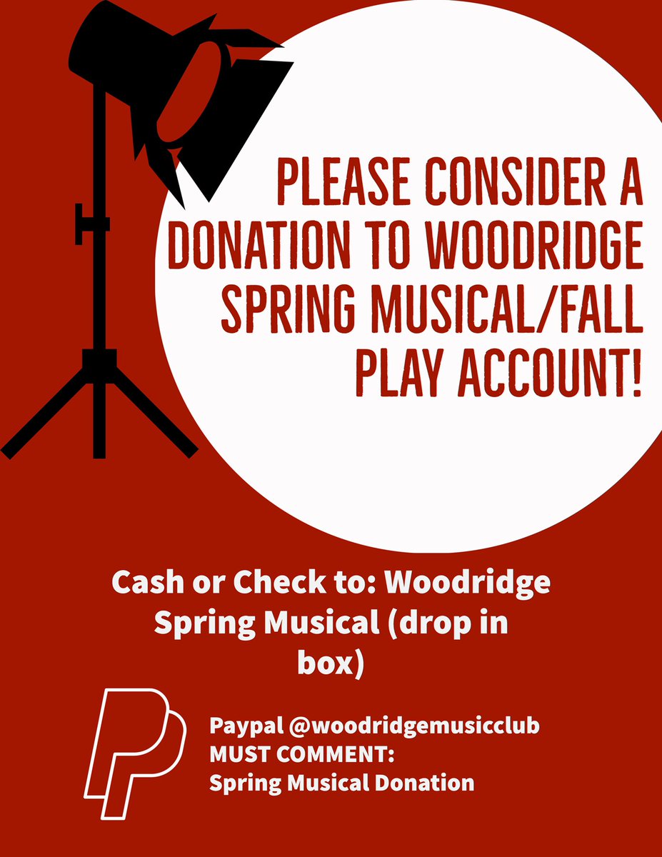 For a limited time, make a donation to our theater program on PayPal @woodridgemusicclub you MUST put “Spring Musical” in the comments!! Or mail check to 4440 Quick Road, Peninsula Oh 44264