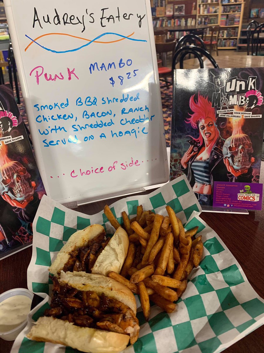 ComicsInCuba's tweet photo. Lunch special today here. Tribute to the excellent comic by @cullenbunn from @ValiantComics 
If you are in the area and looking for a good time, try Punk Mambo! Got copies of the trade on hand too if you wanna take one home. https://t.co/7nKZzQXkYh