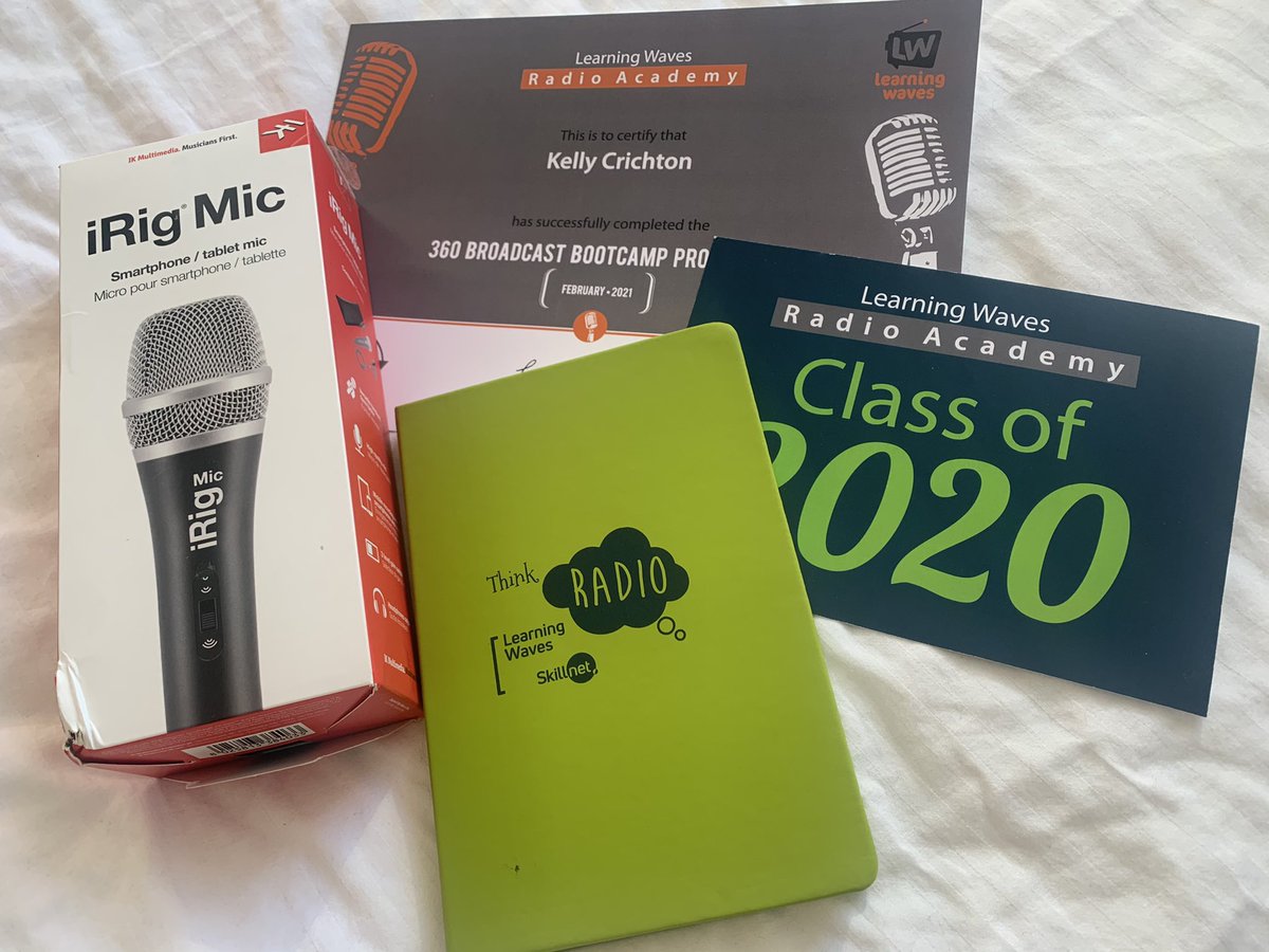 kelc100's tweet photo. Don’t you just love getting a surprise in the post? Thanks to @LearningWaves for my graduation pack for the #broadcastbootcamp icing on the cake for a great course! #classof2020 #radio https://t.co/dJJrX914qQ
