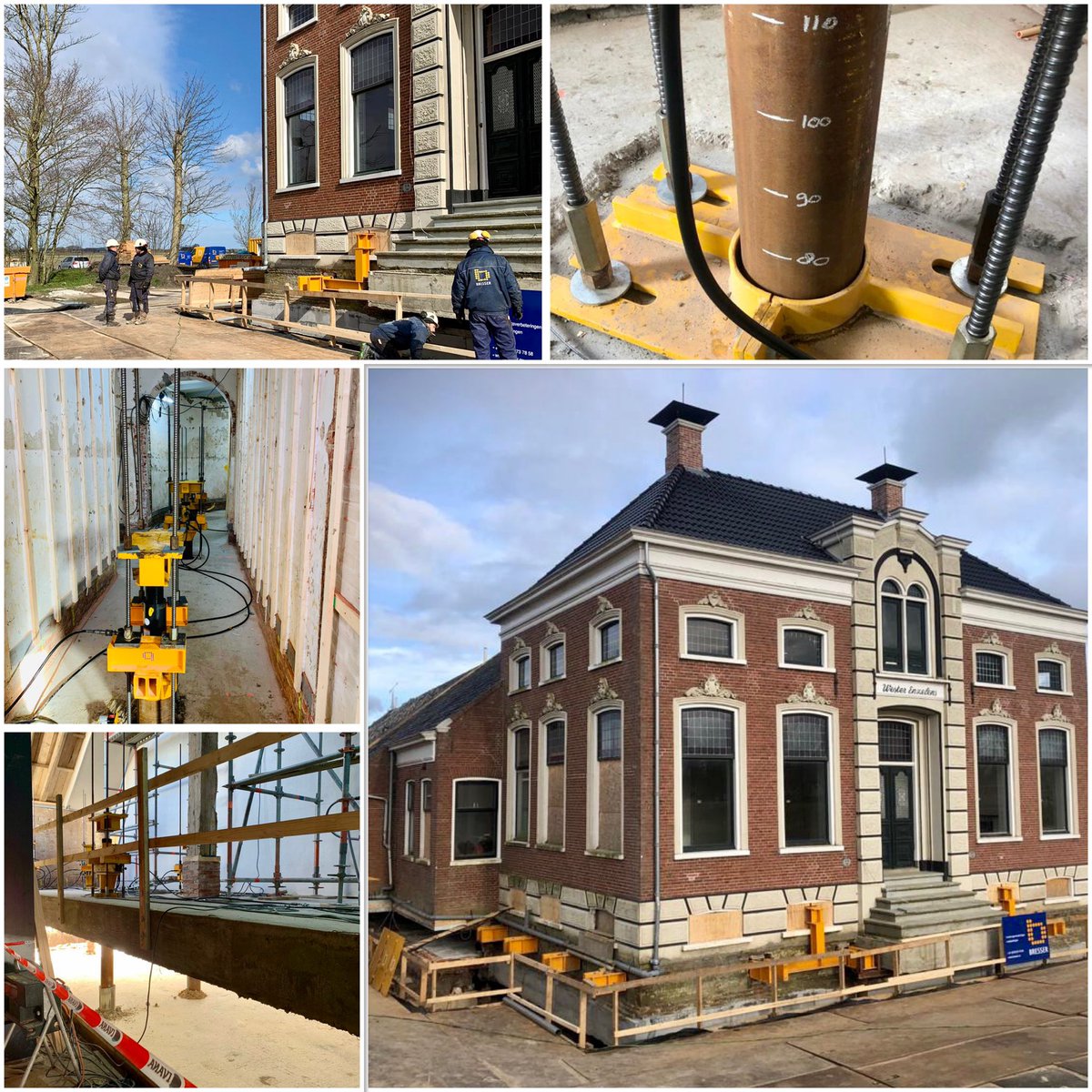 Vijzelen rijksmonument ‘Wester Enzelens’ (850 ton) in #Garrelsweer #Groningen. De beeldbepalende dwarshuisboerderij is deze week 1,2 meter opgetild om het pand te voorzien van base isolation. Uniek #erfgoed wordt daardoor bestendig tegen #aardbevingen Opdrachtgever: <a href="/NCGroningen/">NationaalCoördinator</a>