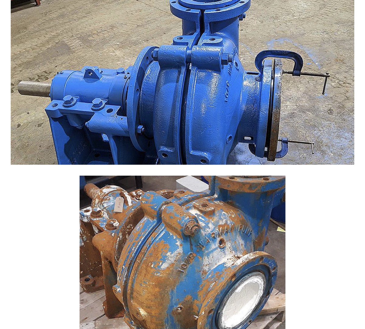 Before &amp; after WARMAN pump we repaired in Jan 2020
We found it to be in poor condition &amp; had failed due to severe wear to multiple parts which were damaged beyond eco repair. We carried out the following: 
Full overhaul
Shotblasted&amp;primed
Performance test
Coat of paint #engineer
