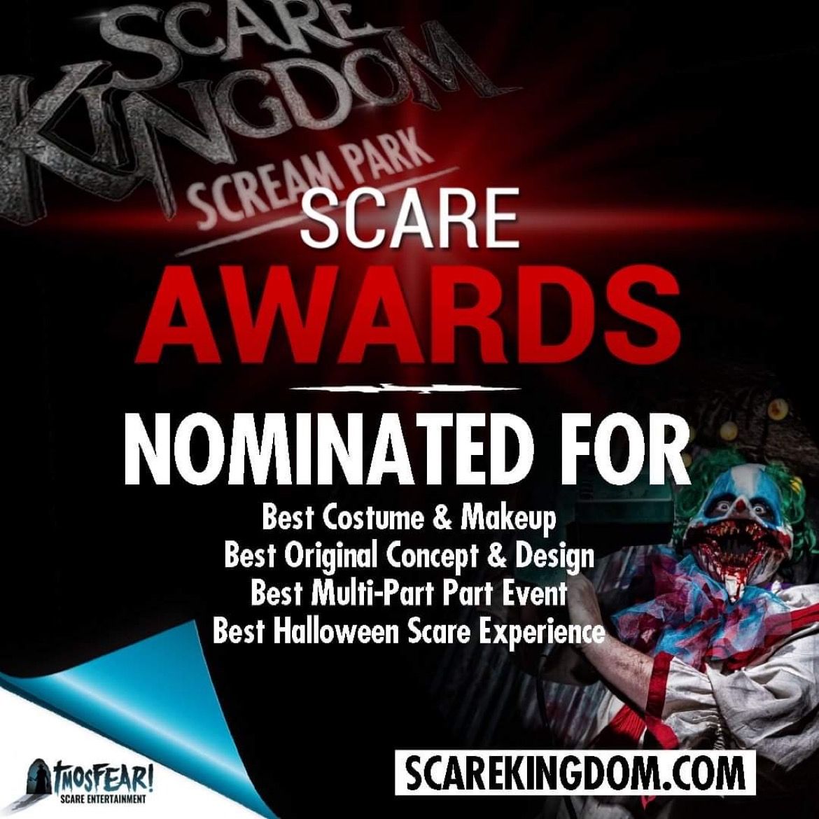 We are pleased to share that we have been nominated for four awards from Scare Tour. 

Get tickets for our next award winning event on Saturday 5th June - scarekingdom.com