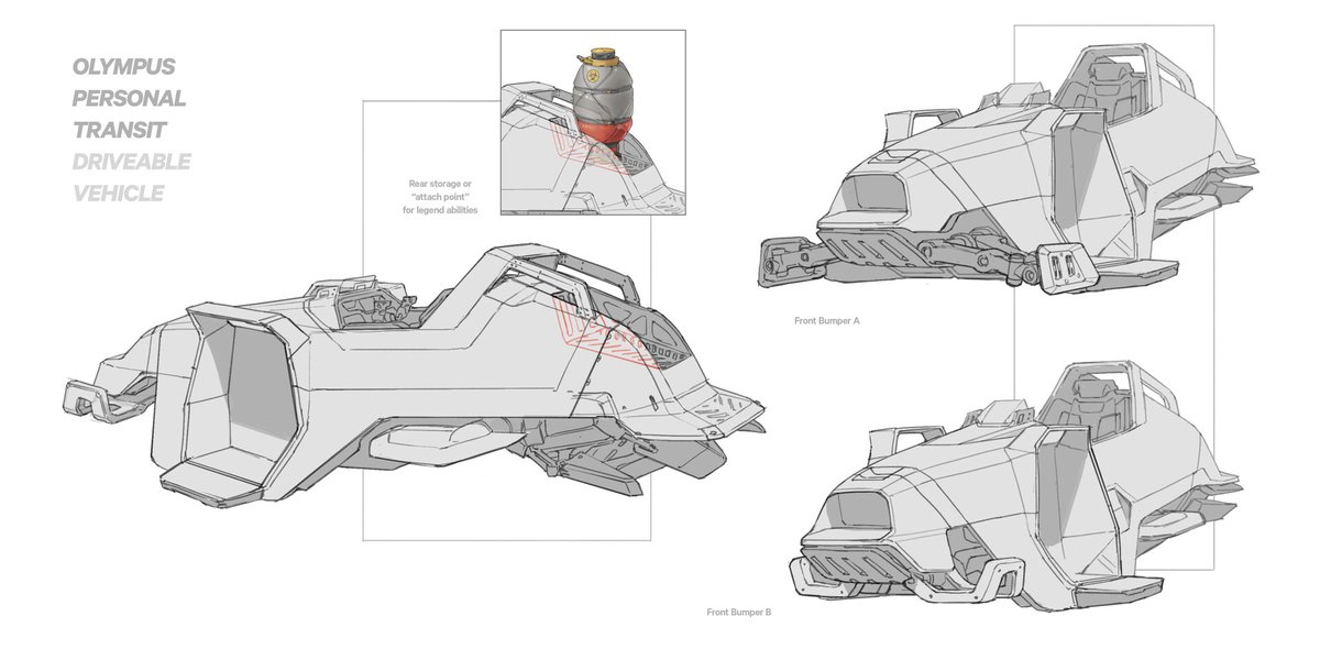 The Trident! Cheesy ass name, but fun as hell 😝. Vehicles are my bread and butter, and as our first drivable vehicle, I was honored to design it. The gameplay requirements presented quite the challenge but YET again, form follows function! #playapex #apexlegends #conceptart