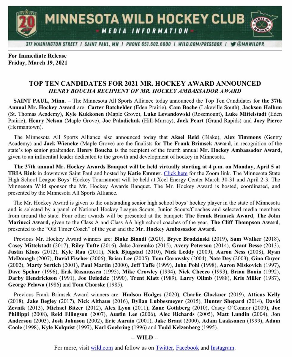 mnwildPR's tweet photo. Today the Minnesota All Sports Alliance announced the finalists for the Mr. Hockey Award and The Frank Brimsek Award. https://t.co/PrtulG7yAs https://t.co/zbTcCUqUlu