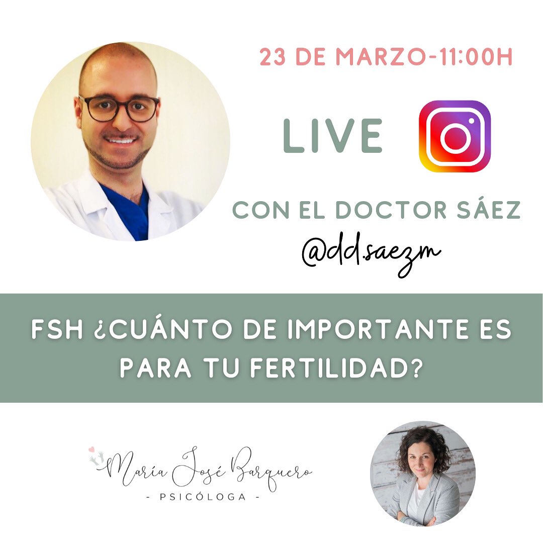 El martes tenemos directo en mi cuenta de IG (psicologa.mariajosebarquero) con nuestro querido <a href="/DDSaezM/">David Saez</a> Hablaremos de la hormona FSH y su papel en la (in)fertilidad. ¿Nos acompañas?
Si tienes alguna duda déjala por aquí y te la resolverá en el directo😉#infertilpandy #fiv