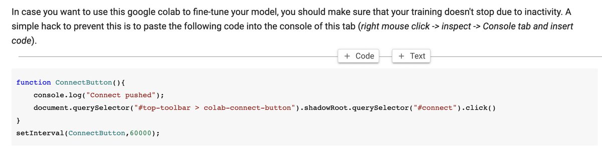 morgymcg's tweet image. 😍 This @huggingface  tip to prevent colab from disconnecting 
 
`
function ConnectButton(){
    console.log(&quot;Connect pushed&quot;); 
    document.querySelector(&quot;#top-toolbar &amp;gt; colab-connect-button&quot;).shadowRoot.querySelector(&quot;#connect&quot;).click() 
}

setInterval(ConnectButton,60000);
`