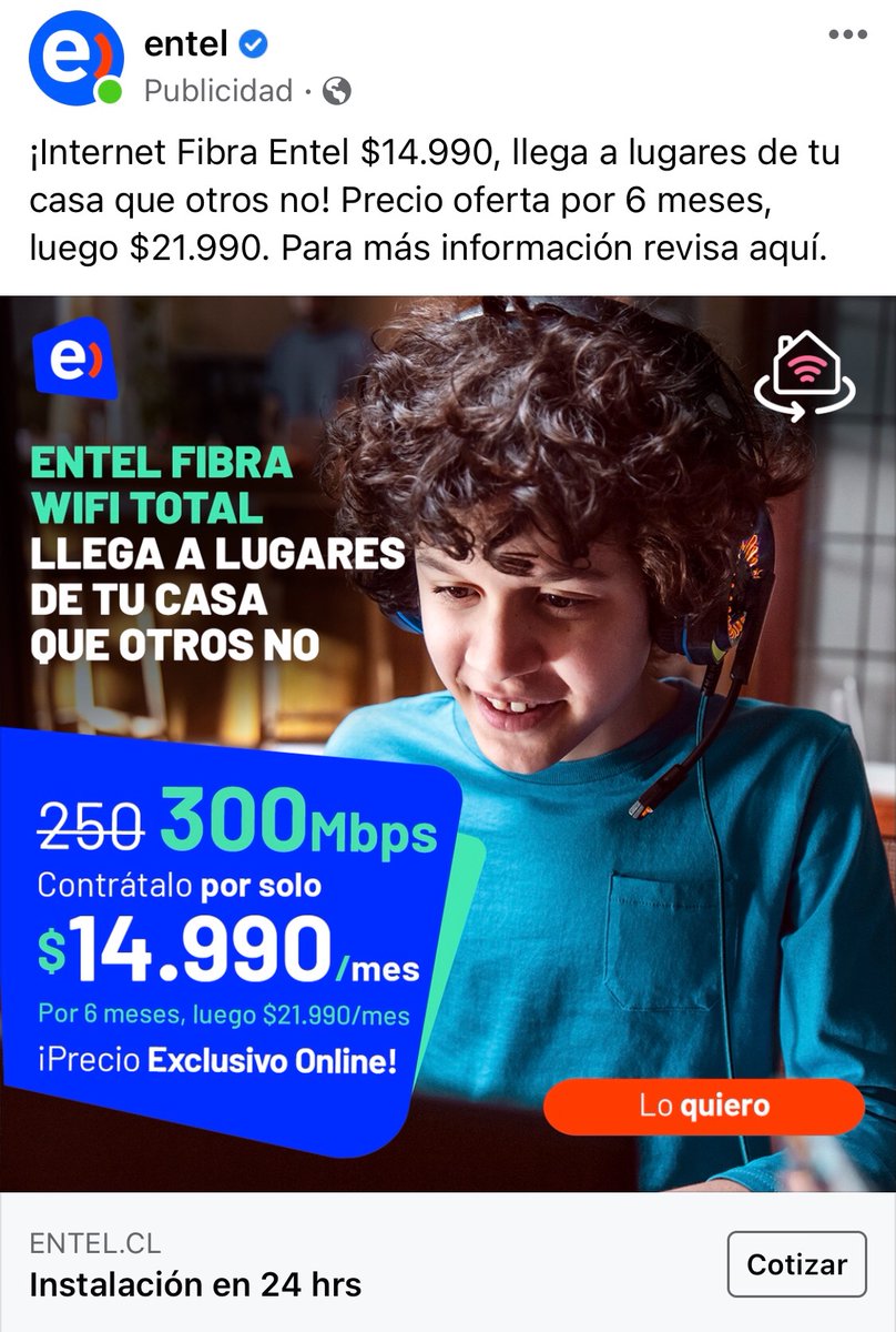 Rtln's tweet photo. Contraté la semana pasada y el wifi total no funciona. Reclamé y me indicaron q los 300M se alcanzan si conecto mi laptop con cable al router o con un laptop q lea señal 5G ya q el mío se conecta a 2,4 que no alcanza ni el 10% de lo que ofrecen (marca 23 MGBS) @entel_ayuda @entel https://t.co/sqmisyz5Cv